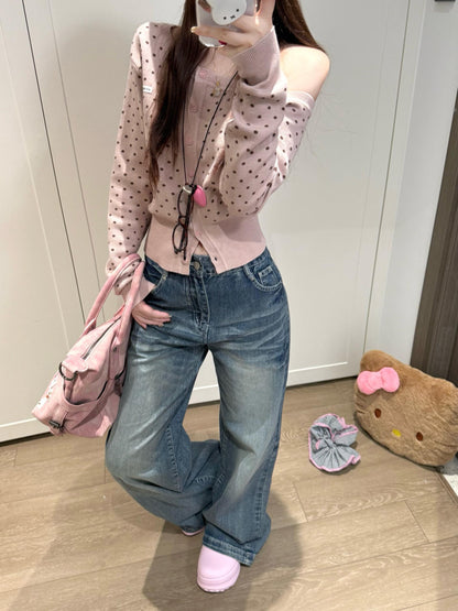 Pink Polka Dot Off Shoulder Knit Cardigan Women
