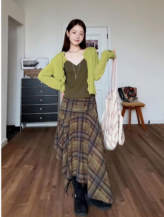 American Retro Irregular Plaid Midi Skirt