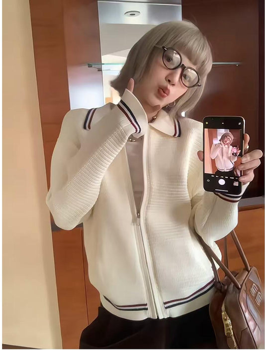 American Retro Contrast Collar Knit Cardigan