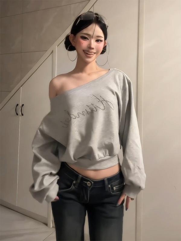 American Baddie Off Shoulder Rhinestone Sweatshirt