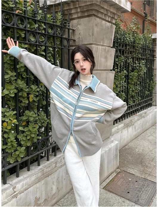 American Contrast Stripe Zip Knit Cardigan