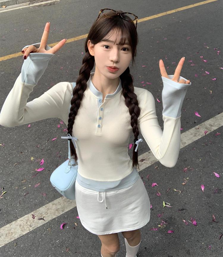 Korean Fake Two Piece Colorblock Henley T-shirt