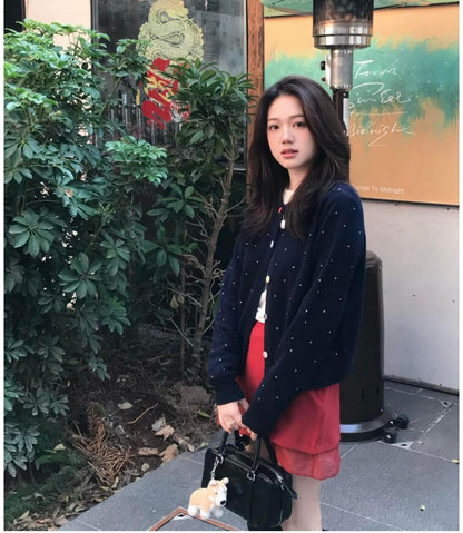 American Retro Color Button Studded Knit Cardigan