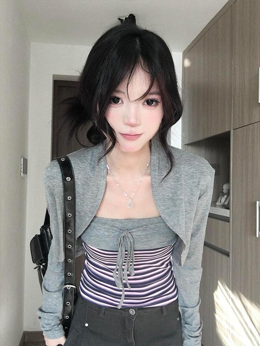 Gray Striped Knit Cardigan Set