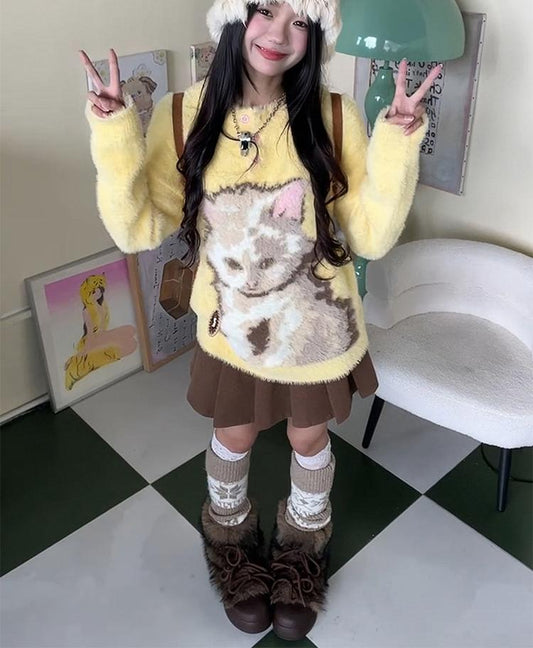 American Cat Print Knit Sweater