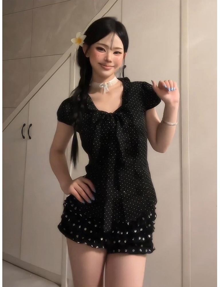 Korean Black Polka Dot Short Sleeve Shirt