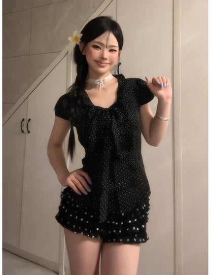 Korean Black Polka Dot Short Sleeve Shirt