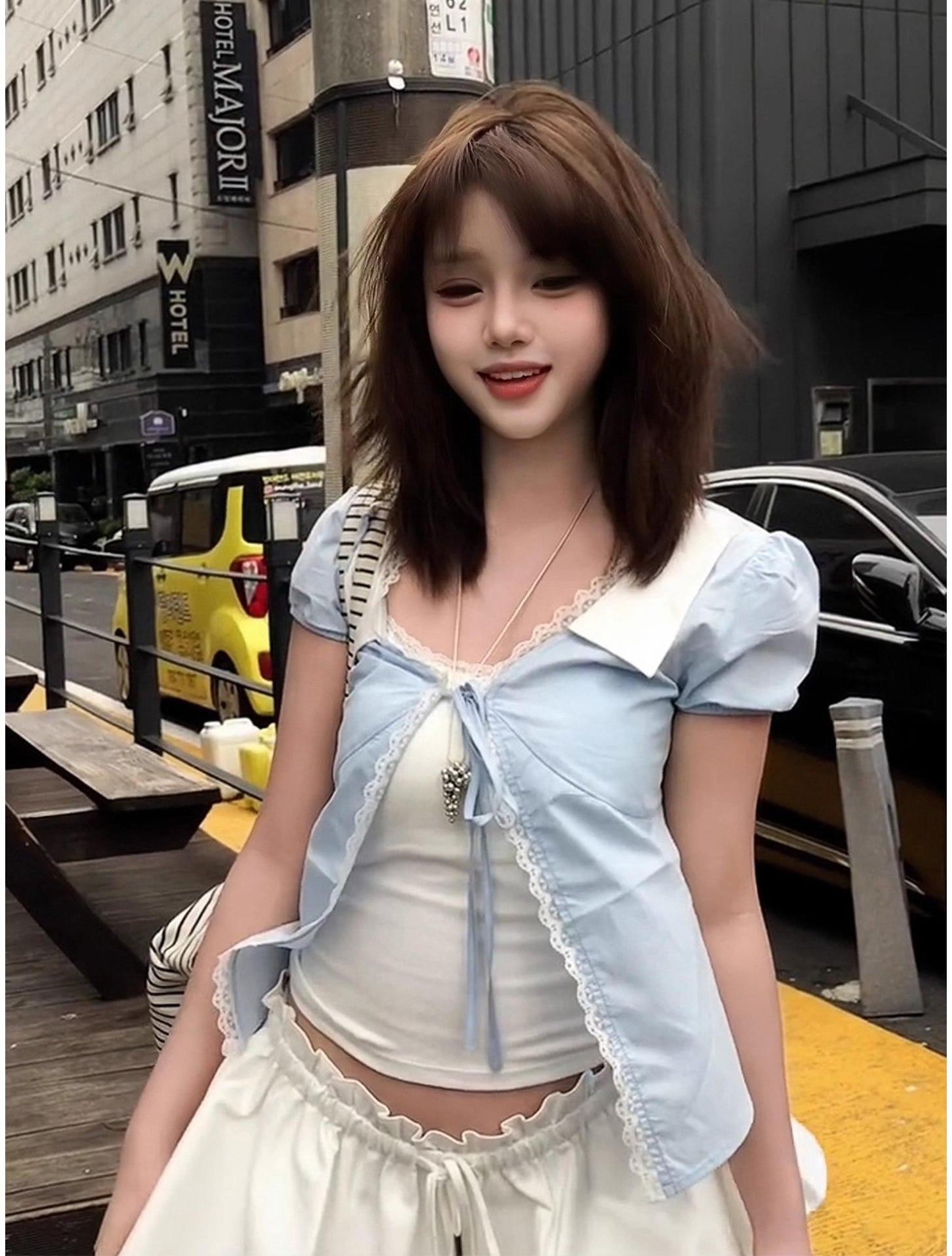 Korean Blue Tie Short Sleeve Shirt