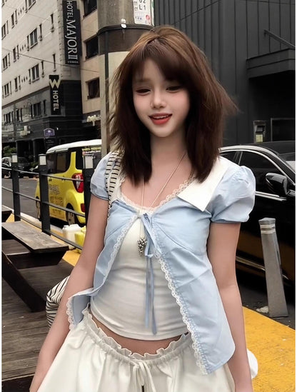 Korean Blue Tie Short Sleeve Shirt
