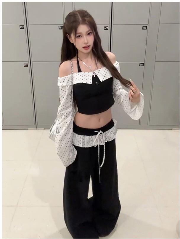 American Lace Trim Black Wide Leg Pants