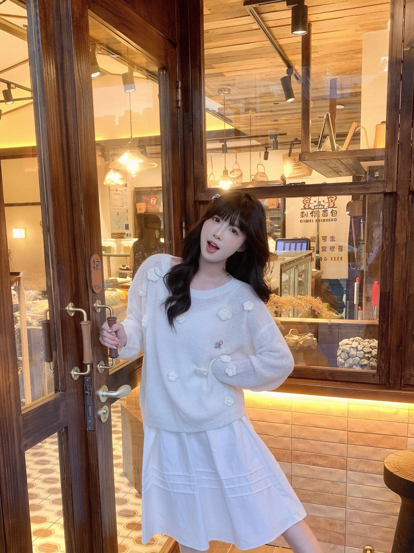 White Flower Mohair Off Shoulder Sweater