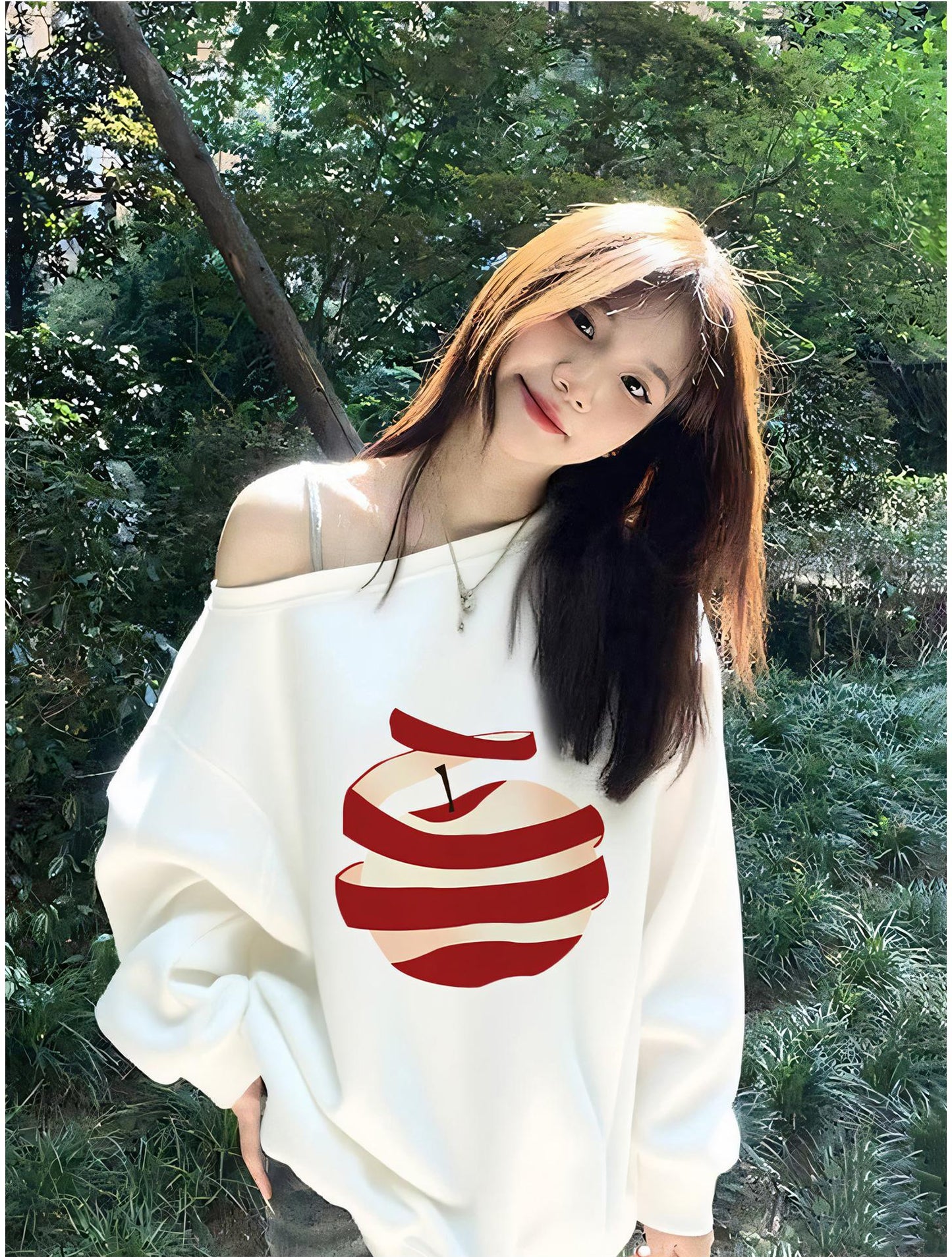 Korean Apple Print Off Shoulder Sweatshirt