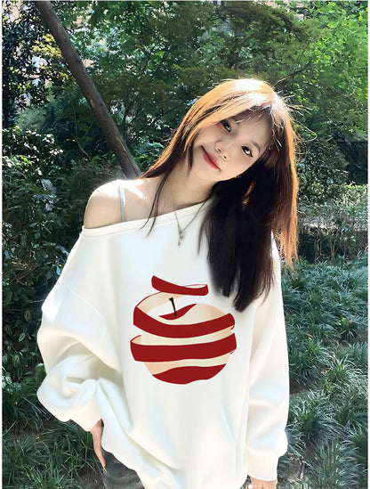 Korean Apple Print Off Shoulder Sweatshirt