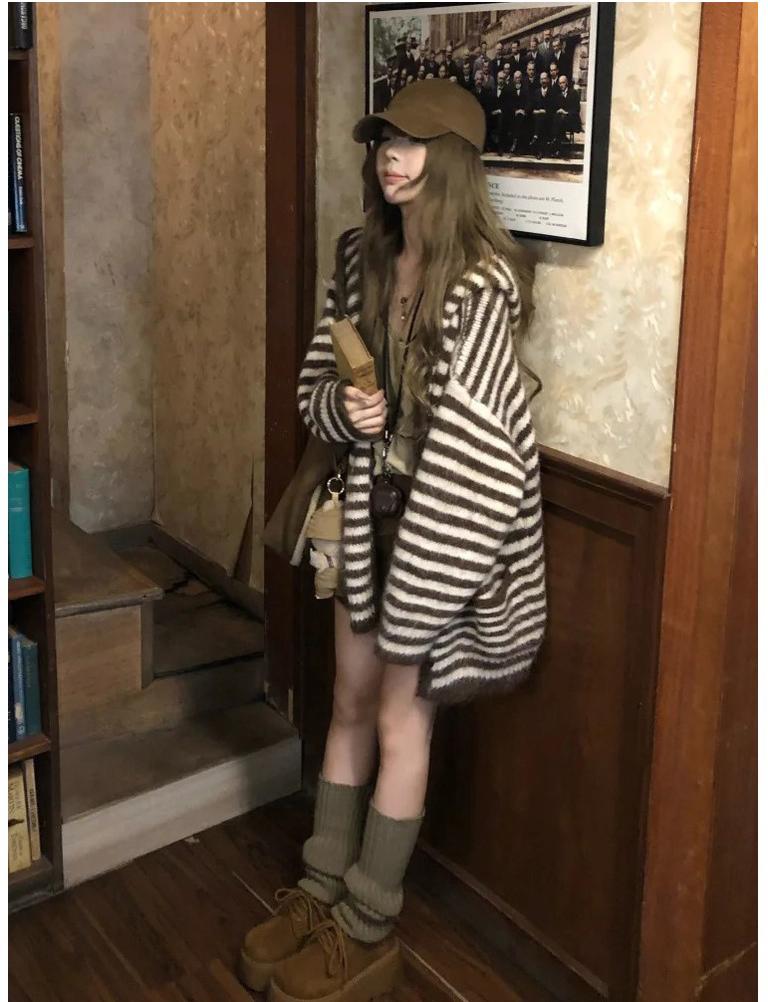 Korean Striped Hooded Knit Cardigan