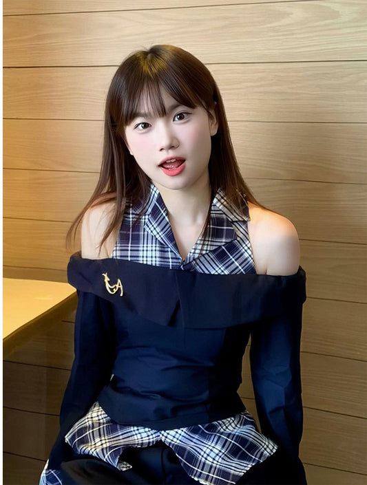 American Off Shoulder Plaid Fake Two Piece Shirt