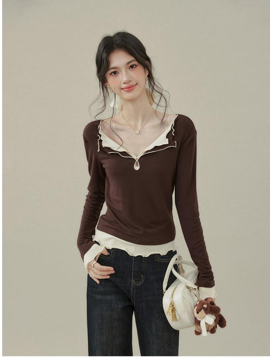 American Retro Fake Two Piece Long Sleeve T-shirt