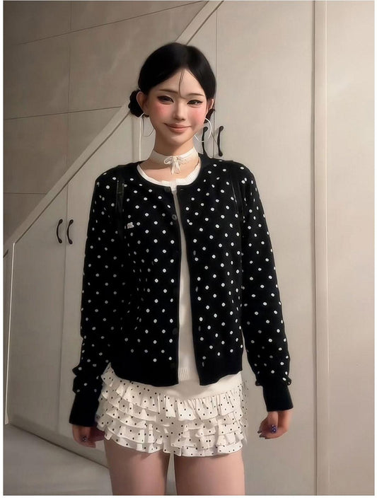 American Polka Dot Fake Two Piece Cardigan