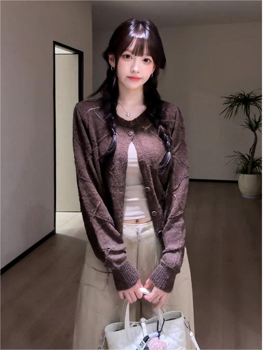 Brown Hollow Knit Cardigan