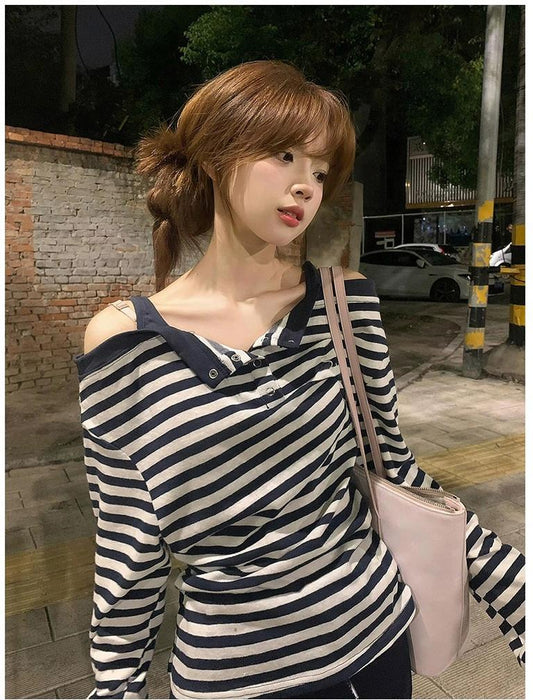 Korean Striped Off-Shoulder Top