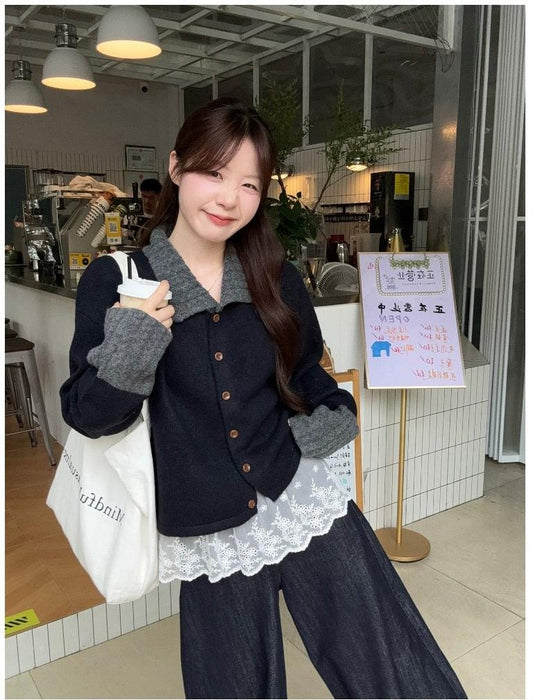 Korean Colorblock Collar Cardigan