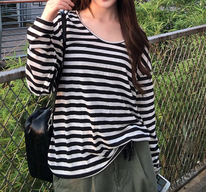 Black & White Striped V-Neck Top