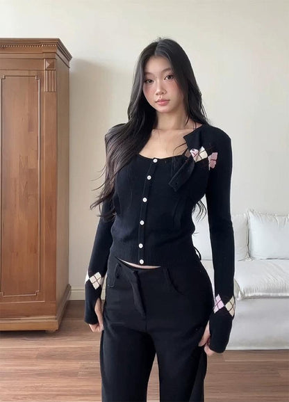 Korean Diamond Knit Cardigan Set