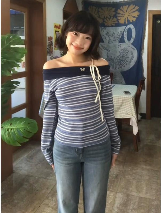 Korean Off-Shoulder Stripe Tee