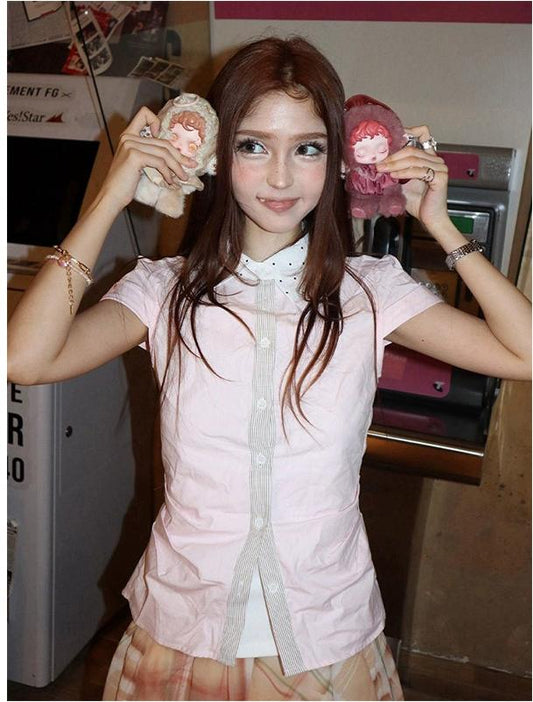 Pink Patchwork Dot Stripe Shirt