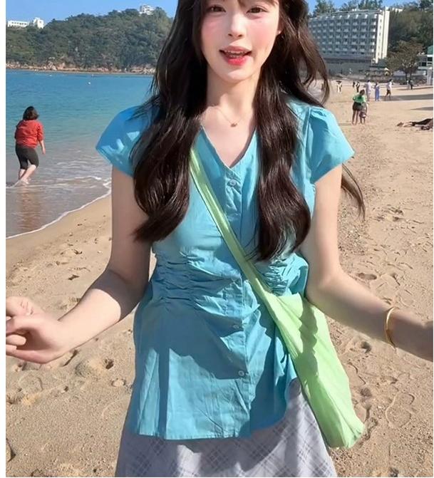 French V-Neck Pleated Waist Shirt