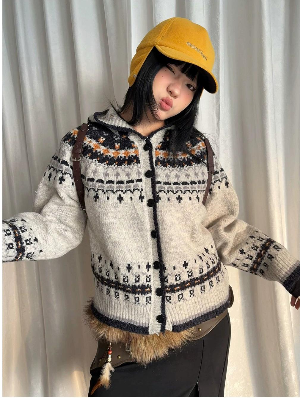 Gray Fair Isle Hooded Cardigan