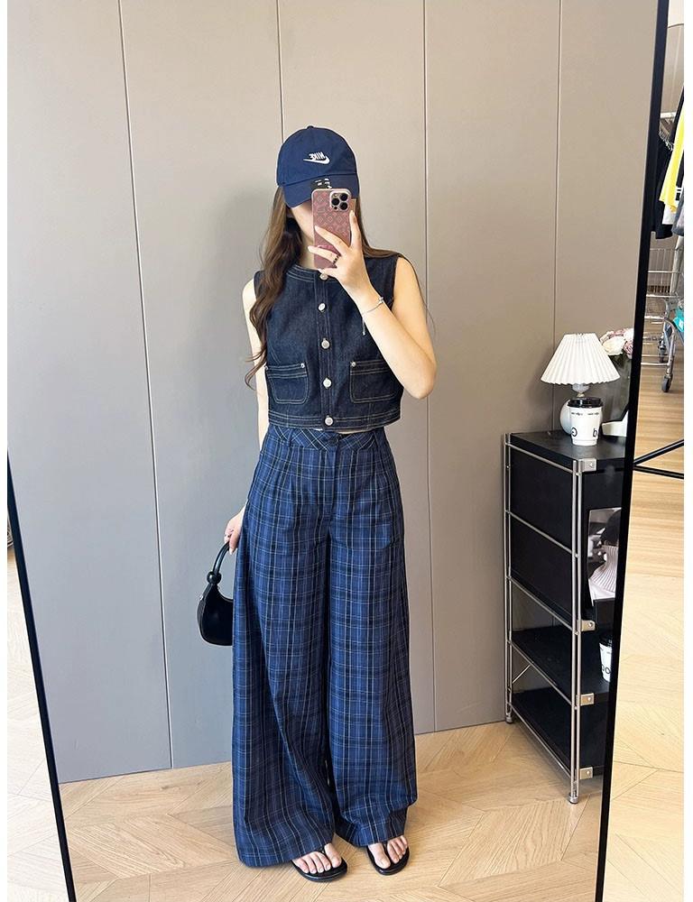 Vintage Navy Plaid Wide-Leg Pants