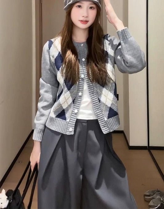Vintage Colorblock Check Knit Cardigan