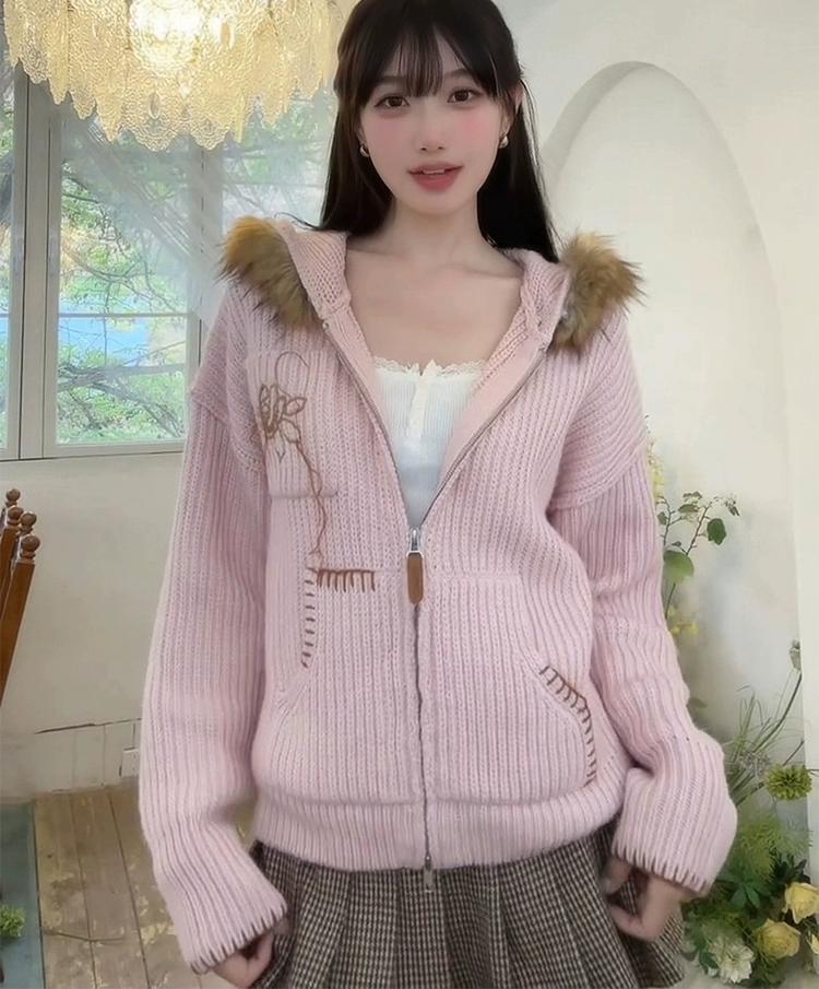 Hooded Detachable Fur Knit Cardigan