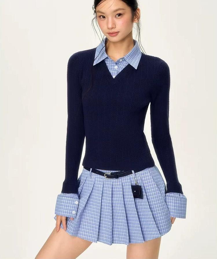 Korean Faux Two-Piece Check Polo Knit