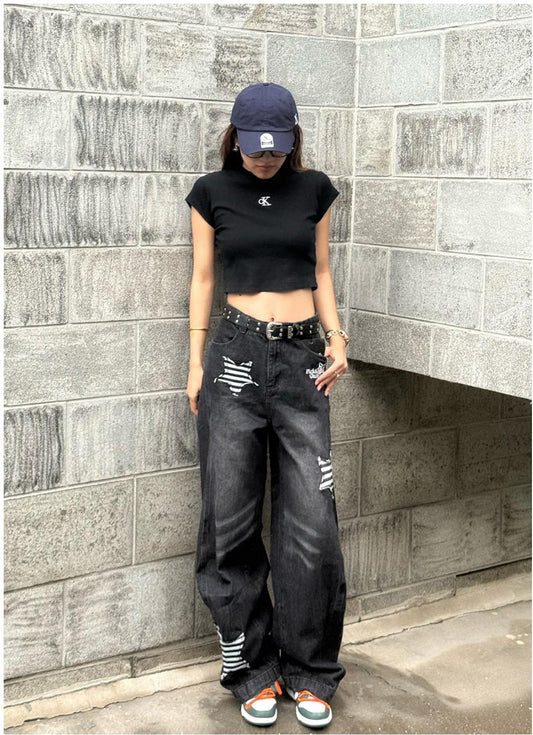 Vintage Star Embroidered Black Jeans