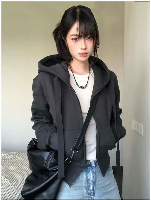 Vintage Gray Zip Hoodie Short