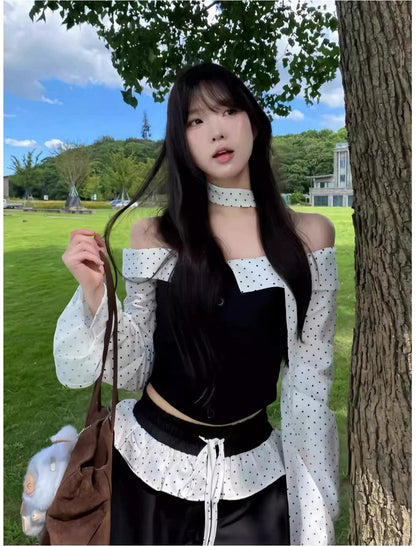 Korean Polka Dot Ballet Off-Shoulder Tee