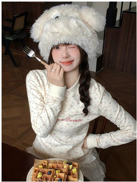 Korean Floral Half Zip Long Sleeve Tee