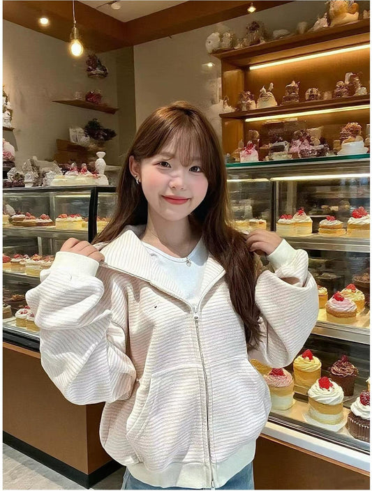 Korean Sweet Pink Striped Hoodie