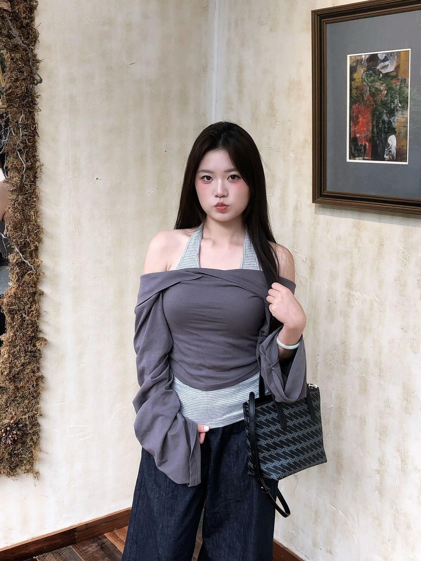 Korean Off Shoulder Striped Long Sleeve Set