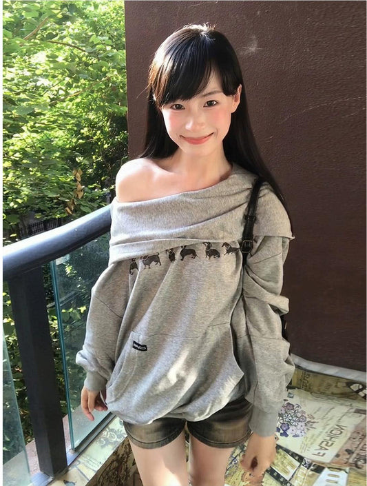 Vintage One Shoulder Dachshund Graphic Hoodie