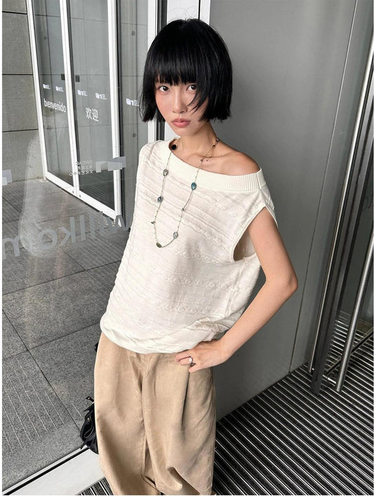 Vintage Textured Off Shoulder Knit Vest