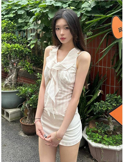 Korean Stripe Lace Sleeveless Top