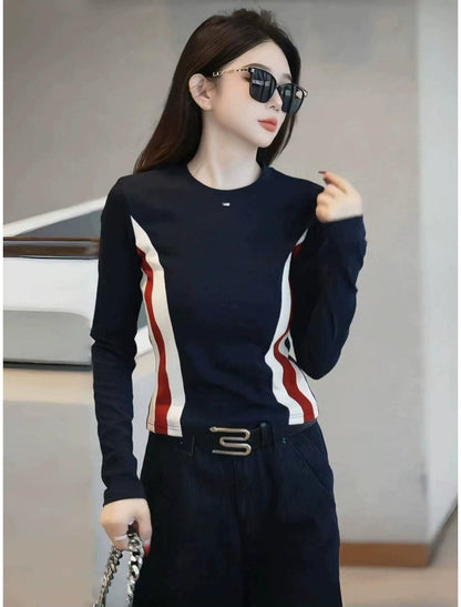 Korean Contrast Patchwork Long Sleeve Tee