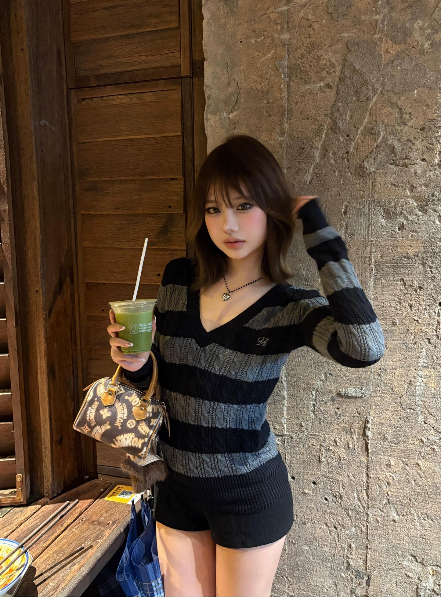 Vintage V Neck Stripe Knit Sweater