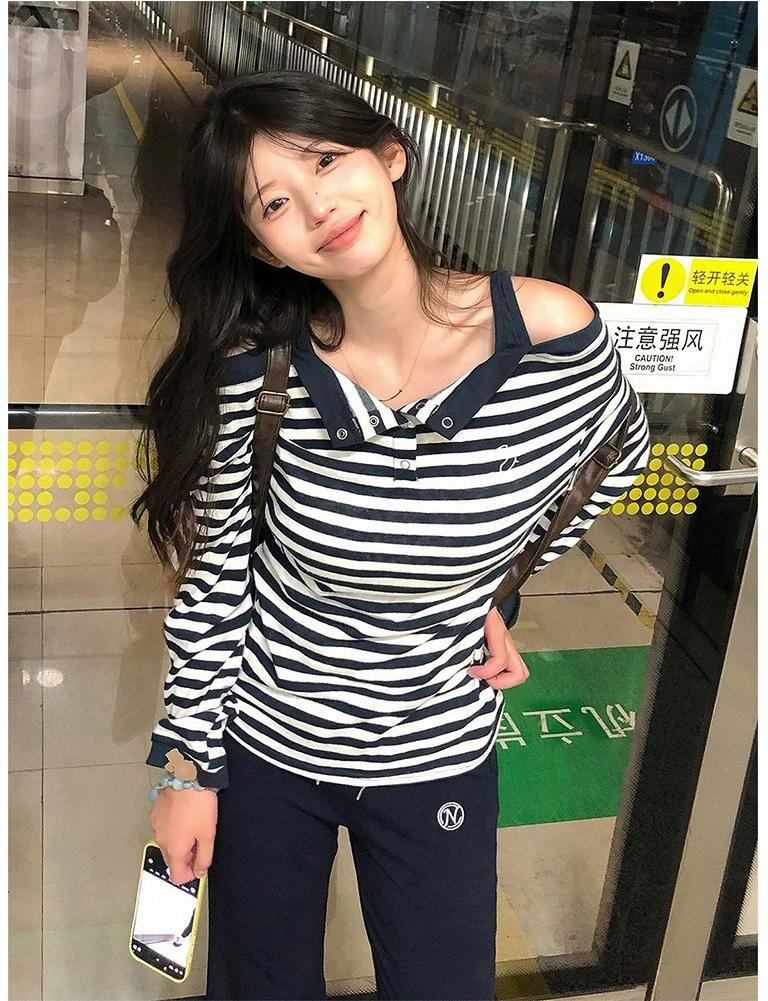 Vintage Stripe Off Shoulder Long Sleeve Tee