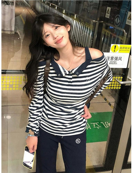 Vintage Stripe Off Shoulder Long Sleeve Tee