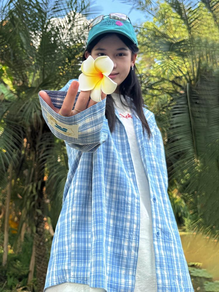 Blue Check Cuban Collar Long Sleeve Shirt