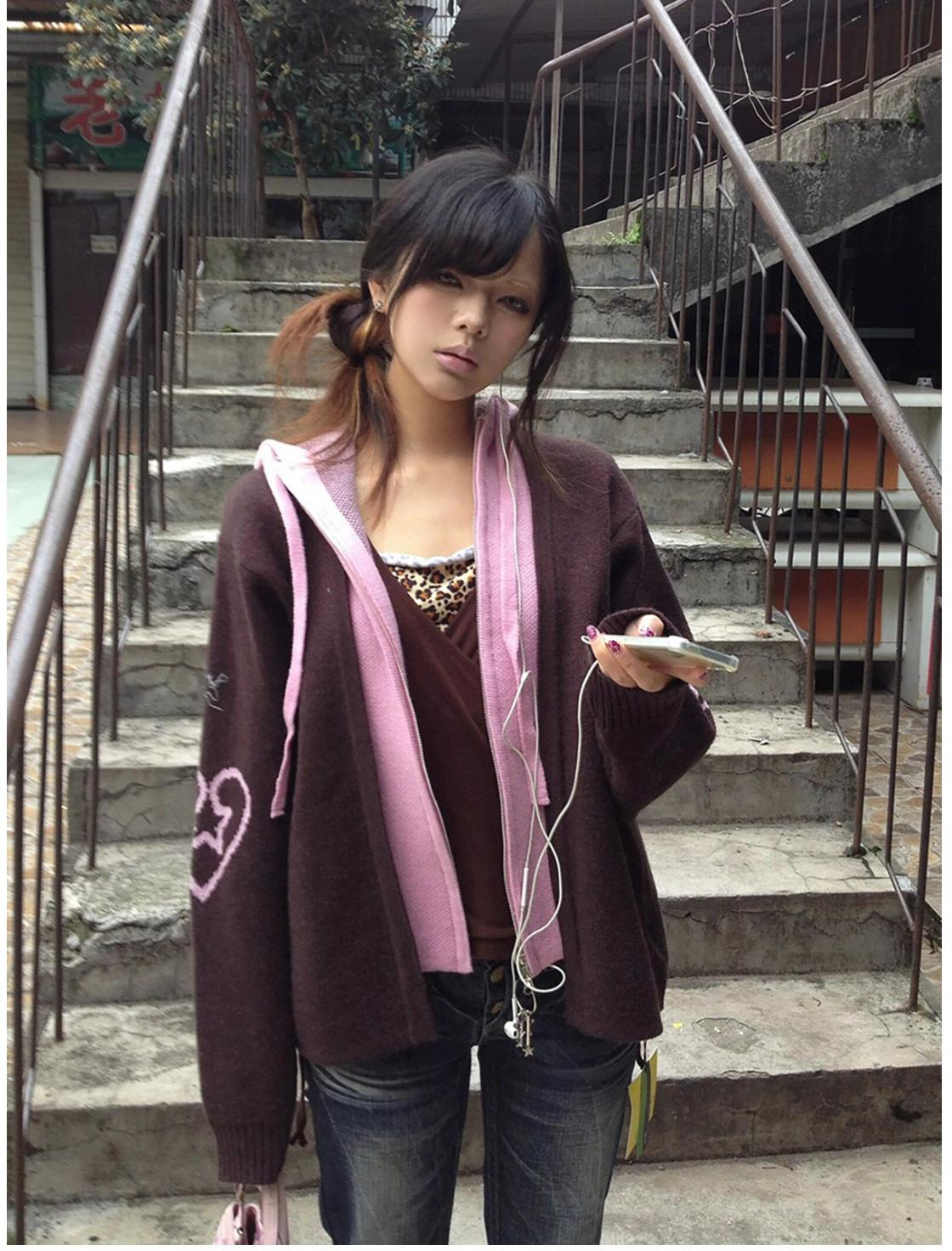 American Colorblock Layered Hooded Cardigan