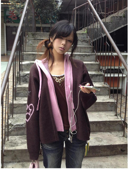 American Colorblock Layered Hooded Cardigan